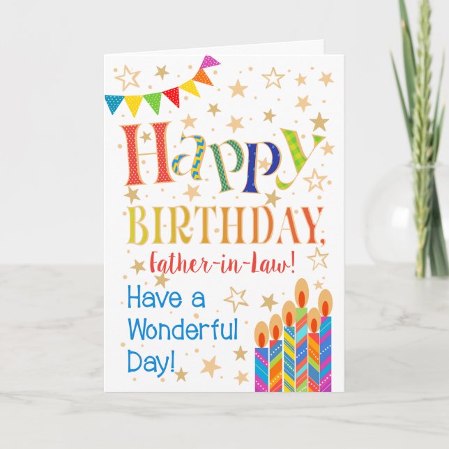 Cartão Estrelas, Bunting, Velas para o Aniversário do Pai (Frente)