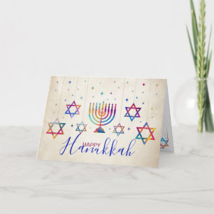 Cartão Estrelas Coloridas de David e Menorah Happy Hanukk
