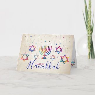 Cartão Estrelas Coloridas de David e Menorah Happy Hanukk