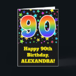 Cartão Estrelas coloridas   Teste padrão "90" do<br><div class="desc">A parte dianteira destes excitação, divertimento, e características de design vibrantes do cartão do aniversário um teste padrão de estrelas colorido, junto com o número "90" tendo um arco-íris colorido inspirou o teste padrão do inclinação do espectro, em um fundo colorido preto. A parte dianteira igualmente caracteriza uma mensagem do...</div>