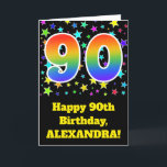 Cartão Estrelas coloridas   Teste padrão "90" do<br><div class="desc">A parte dianteira destes excitação, divertimento, e características de design vibrantes do cartão do aniversário um teste padrão de estrelas colorido, junto com o número "90" tendo um arco-íris colorido inspirou o teste padrão do inclinação do espectro, em um fundo colorido preto. A parte dianteira igualmente caracteriza uma mensagem do...</div>