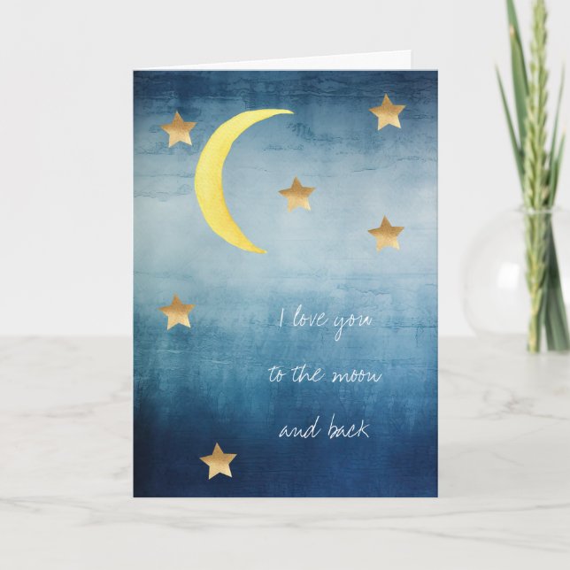 Cartão Estrelas Douradas da Lua Azul Eu amo você da lua e (Frente)