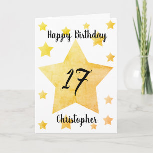 Cartão Estrelas Douradas em Aquarela Aniversário de 17 An