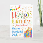 Cartão Estrelas, estamenha, velas para o aniversário do<br><div class="desc">Um colorido, texto baseou o cartão de aniversário para um genro com estamenha das bolinhas, velas brilhantes, listradas do bolo de aniversário e polvilhado com as estrelas do ouro-efeito. O texto modelado diz, "o feliz aniversario" e lá é igualmente "tem um dia maravilhoso!" na rotulação azul (o N.B. as estrelas...</div>