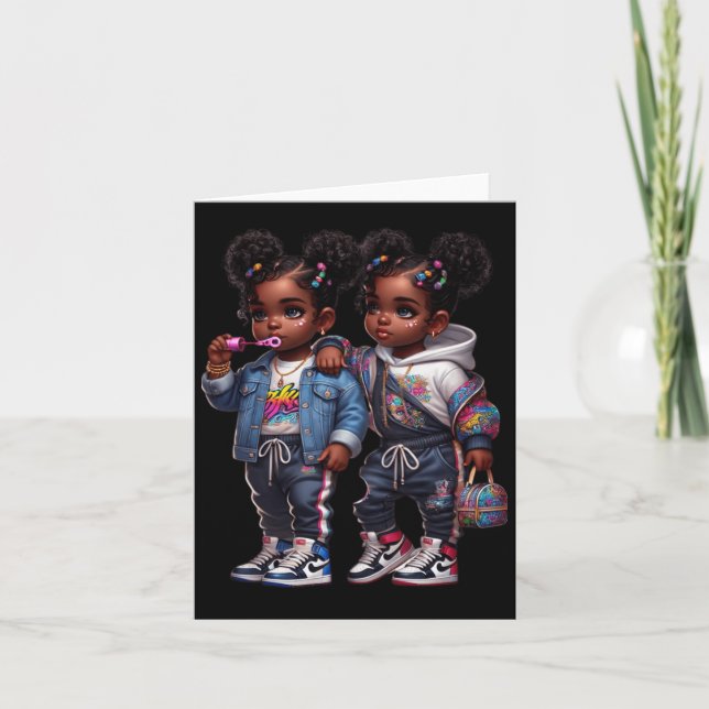 Cartão Estrelas Gêmeas Brilhando Poder para Menina Negra (Frente)