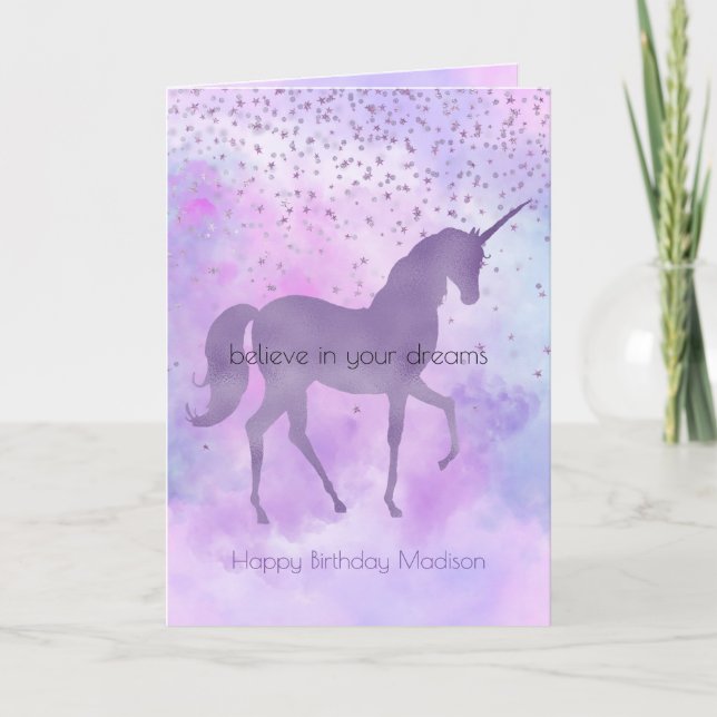 Cartão Estrelas Roxas Confetti Watercolor - Aniversário d (Frente)