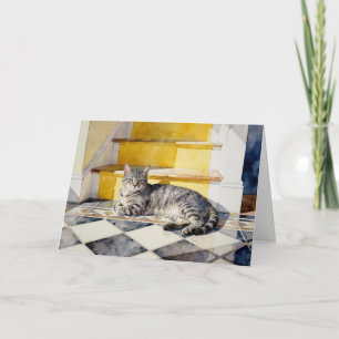 Cartão Estudo de Gato Malhado Cinza em Aquarelas