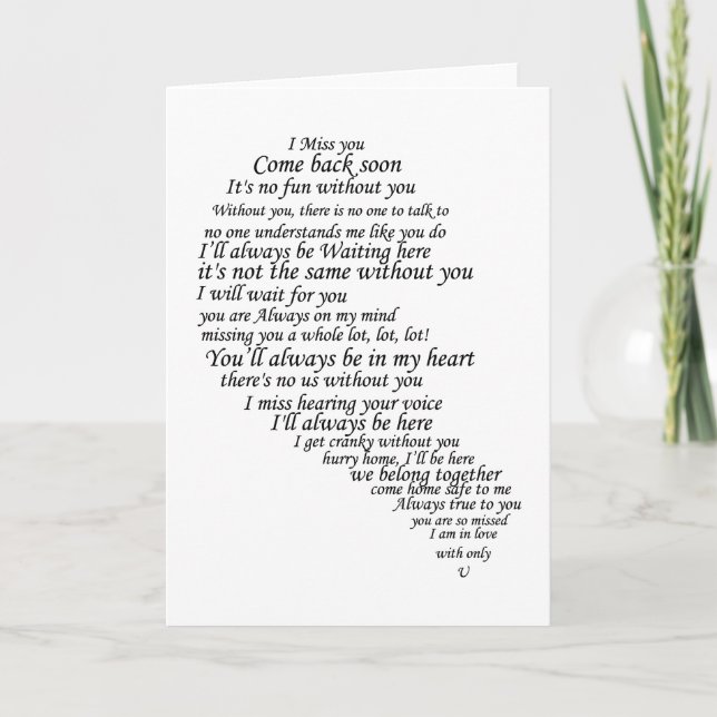 Cartão Eu sinto sua falta de texto em meio coração (Frente)