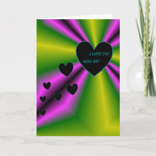 Cartão Eu te amo, beija-me, coração negro em verde roxo