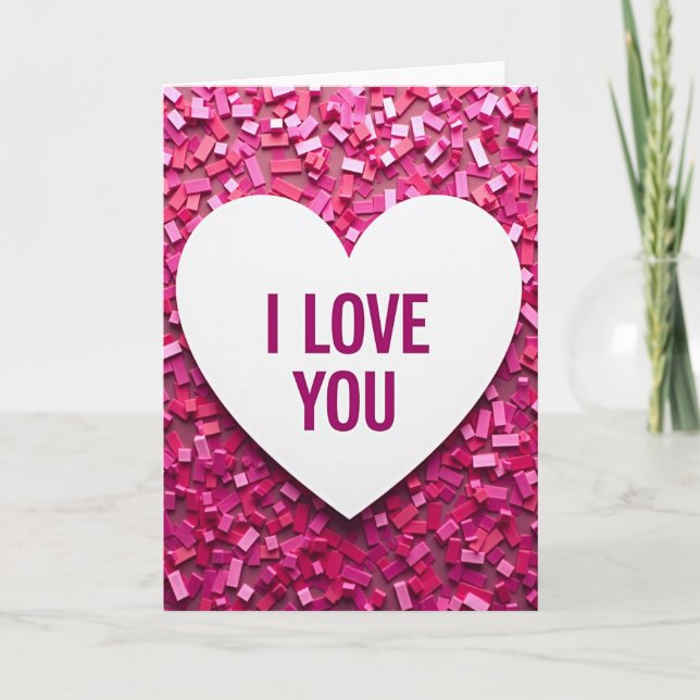 Cartão Eu Te Amo com Confetes de Retângulo Rosa (Frente)