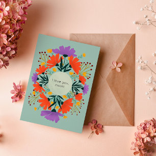 Cartão Eu te amo, mãe roxo e laranja floral