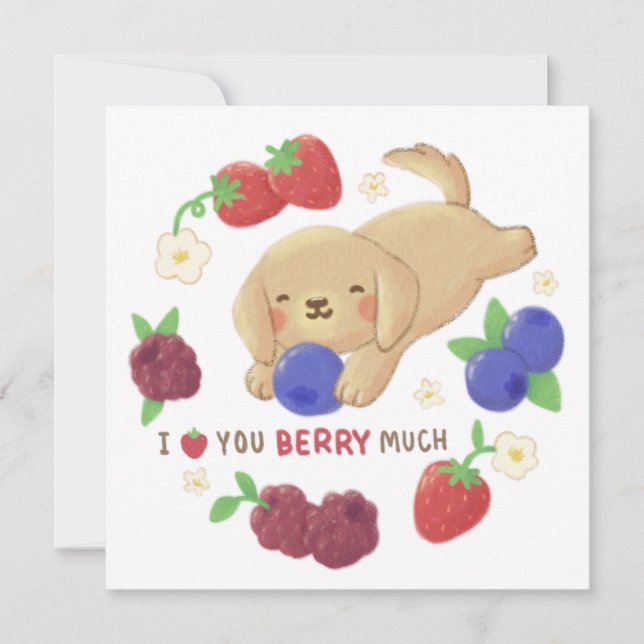 Cartão Eu Te Amo Muito: Cachorro Bonito com Berries (Frente)