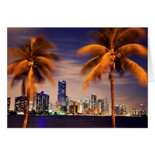 Cartão EUA, Flórida, linha do horizonte de Miami ao anoit