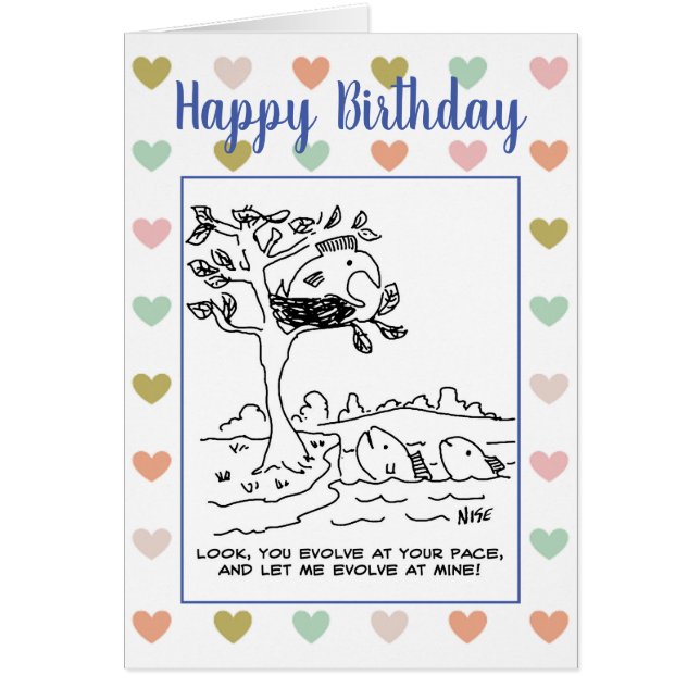 Cartão Evolução. Um peixe está nidificando em uma árvore (Frente)