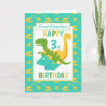 Cartão Excelente Avô Dinossauro aniversário de 3 anos Azu<br><div class="desc">Um cartão de aniversário de 3 anos divertido para seu neto excelente. Este brilhante cartão de terceiro aniversário apresenta um dinossauro verde T-Rex, um Brontossauro amarelo e um Tricerátopo azul, colocado sobre um fundo de dinossauro azul e amarelo Um design bonito para um menino que terá três anos de idade....</div>