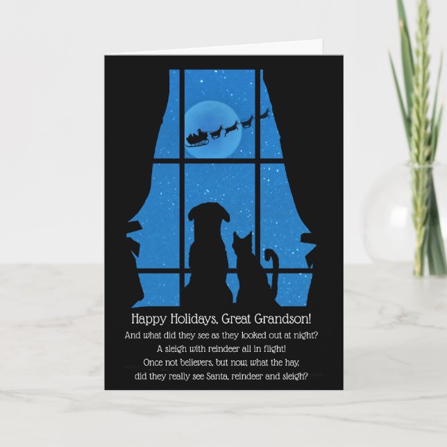 Cartão Excelente Feriado, Avô, Cachorro de Natal e Gato (Frente)