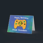 Cartão Excelente Grandson, 13 Anos De Idade, Controle De<br><div class="desc">Cartão perfeito para o seu neto excelente no seu aniversário de 13! O controlador de videogame tem o número treze no centro para uma maneira divertida de mostrar sua idade. O fundo é azul e verde misturado com alguns círculos e linhas sutis.</div>