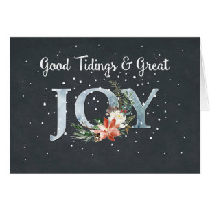Cartão Excelente JOY Christmas Poinsettia and Snow on Bla