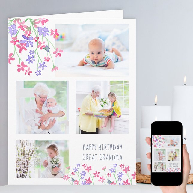 Cartão Excelente Vovó 4 Foto Ditsy Flores Rosa Aniversári (Criador carregado)