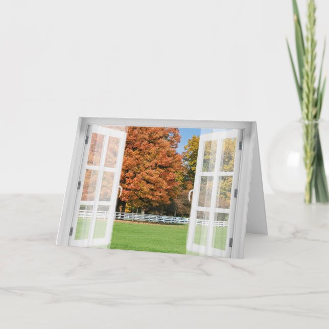 Cartão Exibição da árvore de Carvalho de outono na janela (Frente)