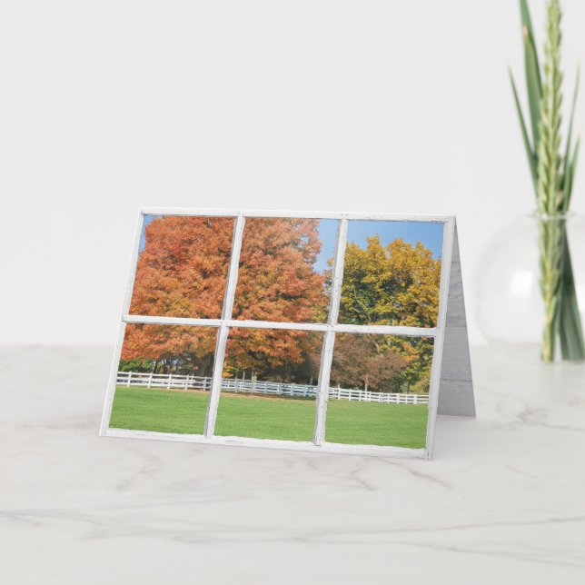 Cartão Exibição da árvore de Carvalho de outono na janela (Frente)