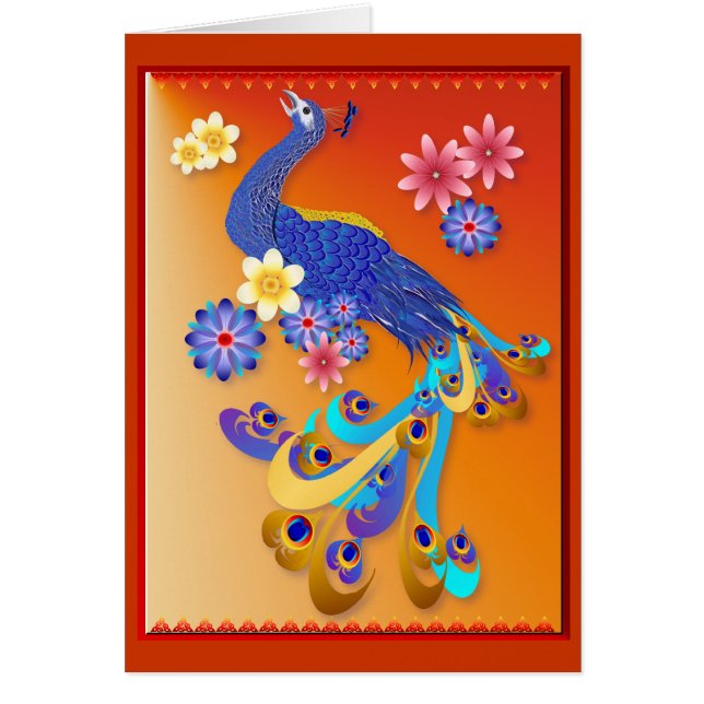 Cartão extravagante do pavão e das flores (Frente)