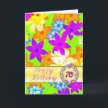 Cartão Fabulosas flores de 70<br><div class="desc">Flores 'op art' fabulosas em cores brilhantes. Um cartão vibrante que diz 'FELIZ!' As flores multicoloridas são tropeçadas sobre um fundo verde.Veja as cartas de toda a faixa na minha loja. Todos os direitos de autor de Norma Cornes.</div>