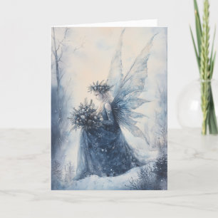 Cartão Fada Azul de Natal com Aquarelas no Campo de Neve