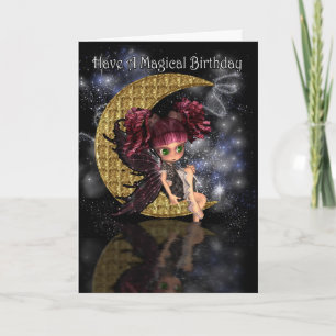 Cartão Fada de lua linda de aniversário mágica por lua