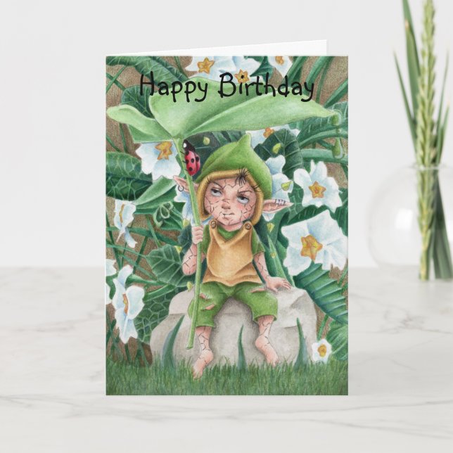 Cartão Fada Duende E Joaninha Aquarela Aniversário  (Frente)