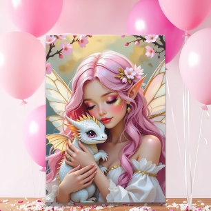 Cartão Fada Elfa Rosa e Dragão Branco   Feliz Aniversário