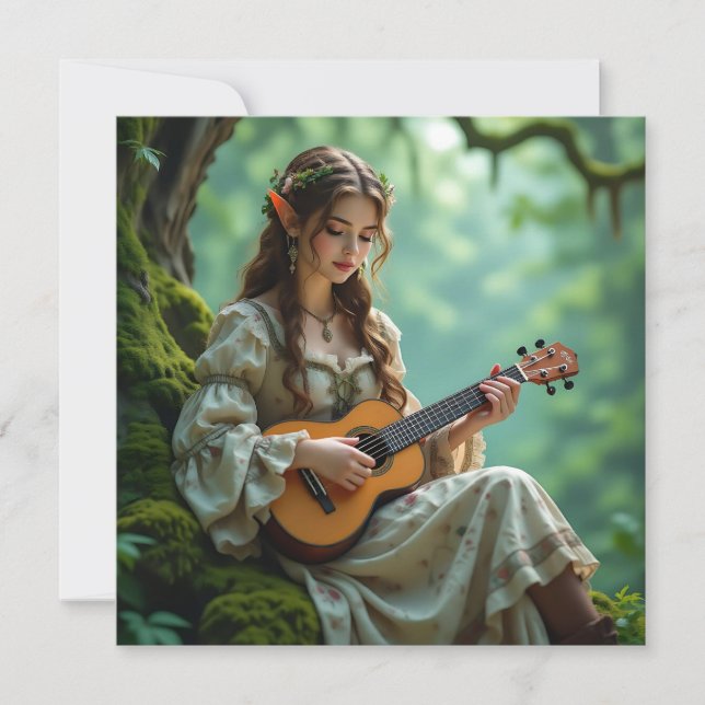 Cartão Fada Élfica Encantada Tocando Ukulele (Frente)