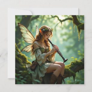 Cartão Fada Elfica Tocando Clarinete na Floresta Encantad