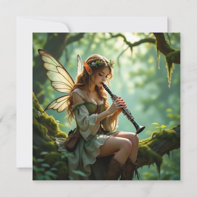 Cartão Fada Elfica Tocando Clarinete na Floresta Encantad (Frente)