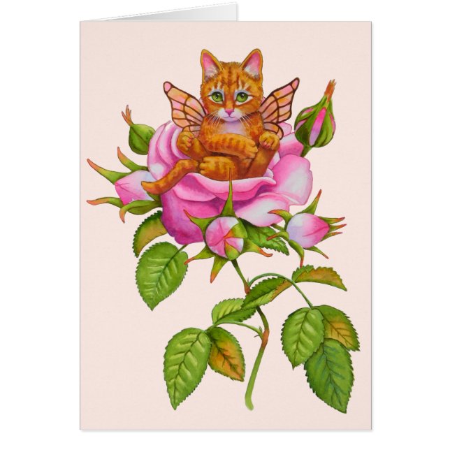 Cartão Fada Kitten Descendendo em Rosa (Frente)