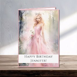 Cartão Fada, princesa, em nome de aniversário feliz rosa