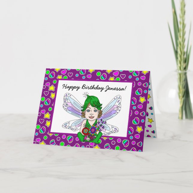 Cartão Fada Whimsic com Flores Feliz Aniversário (Frente)