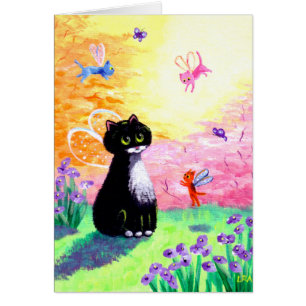 Cartão Fadas brancas pretas Creationarts do gato do
