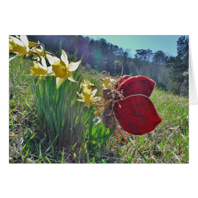 Cartão fadas de asa vermelha e narcisos (Frente Horizontal)