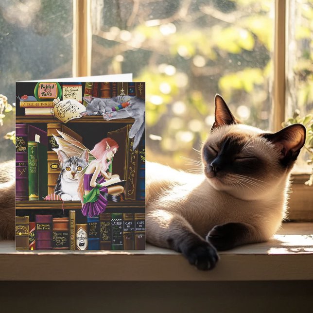 Cartão Fairy Cats Books Library Fantasy (Criador carregado)