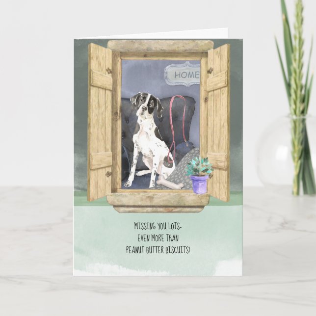 Cartão Falta muito o cachorro apontador inglês na janela (Frente)
