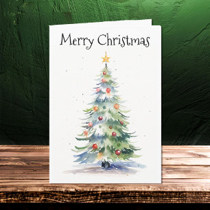 Cartão Família de Aquarelas de Árvore Feliz de Natal
