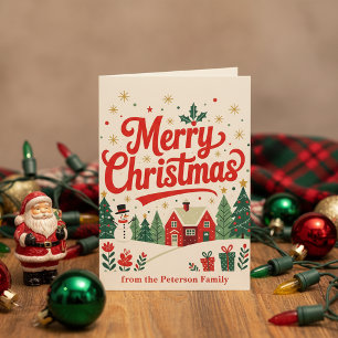 Cartão Família de Bonecos de Neve Casa Vermelha Natal Ant