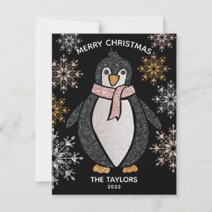 Cartão Família de Natal Glitter Cute Penguin