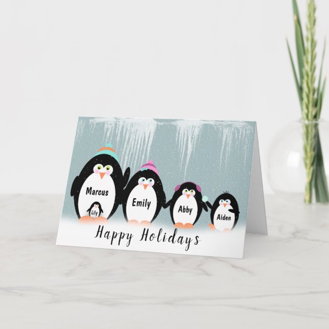 Cartão Família De Pinguins De Natal Em Flocos De Neve (Frente)