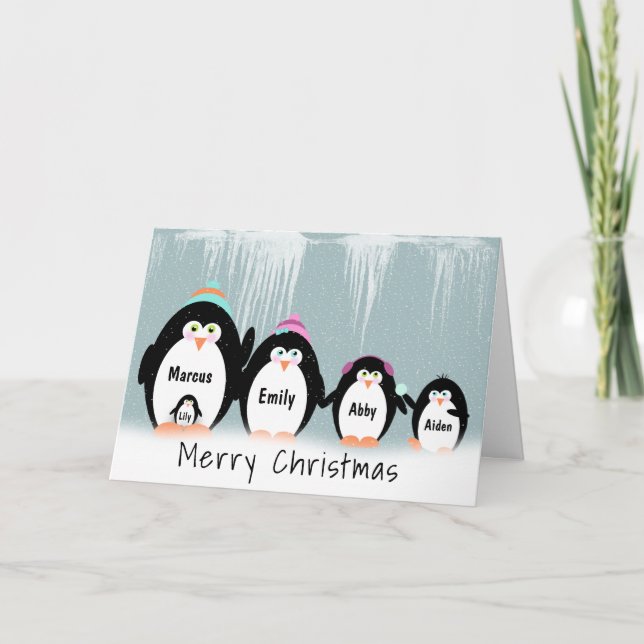 Cartão Família De Pinguins De Natal Na Neve (Frente)