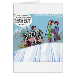Cartão Família de Vaca Esquiando na Neve Engraçado