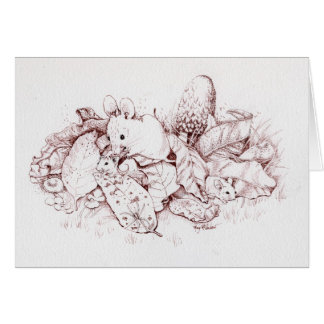 Cartão Família do rato nas folhas da queda, cogumelos,