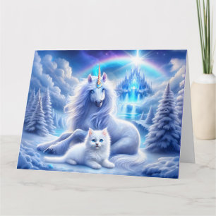 Cartão Fantasia de inverno com um belo Unicórnio e Kitten
