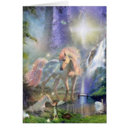 Cartão Fantasia Mãe Unicórnio e Bebê em um Jardim de Fada